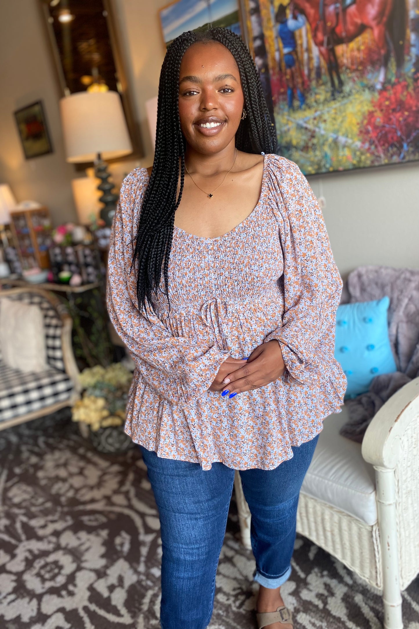 Gauze Floral Smocked Blouse
