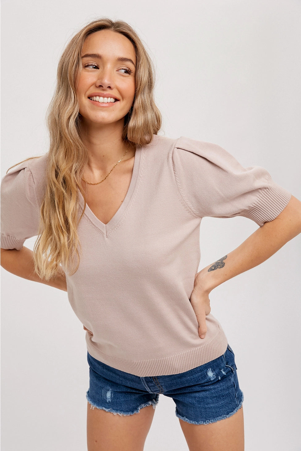 V-Neck Puff Sleeve Pullover