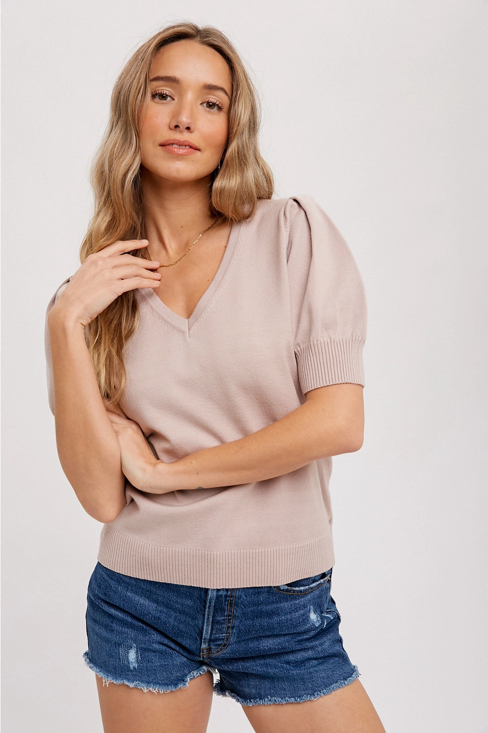 V-Neck Puff Sleeve Pullover