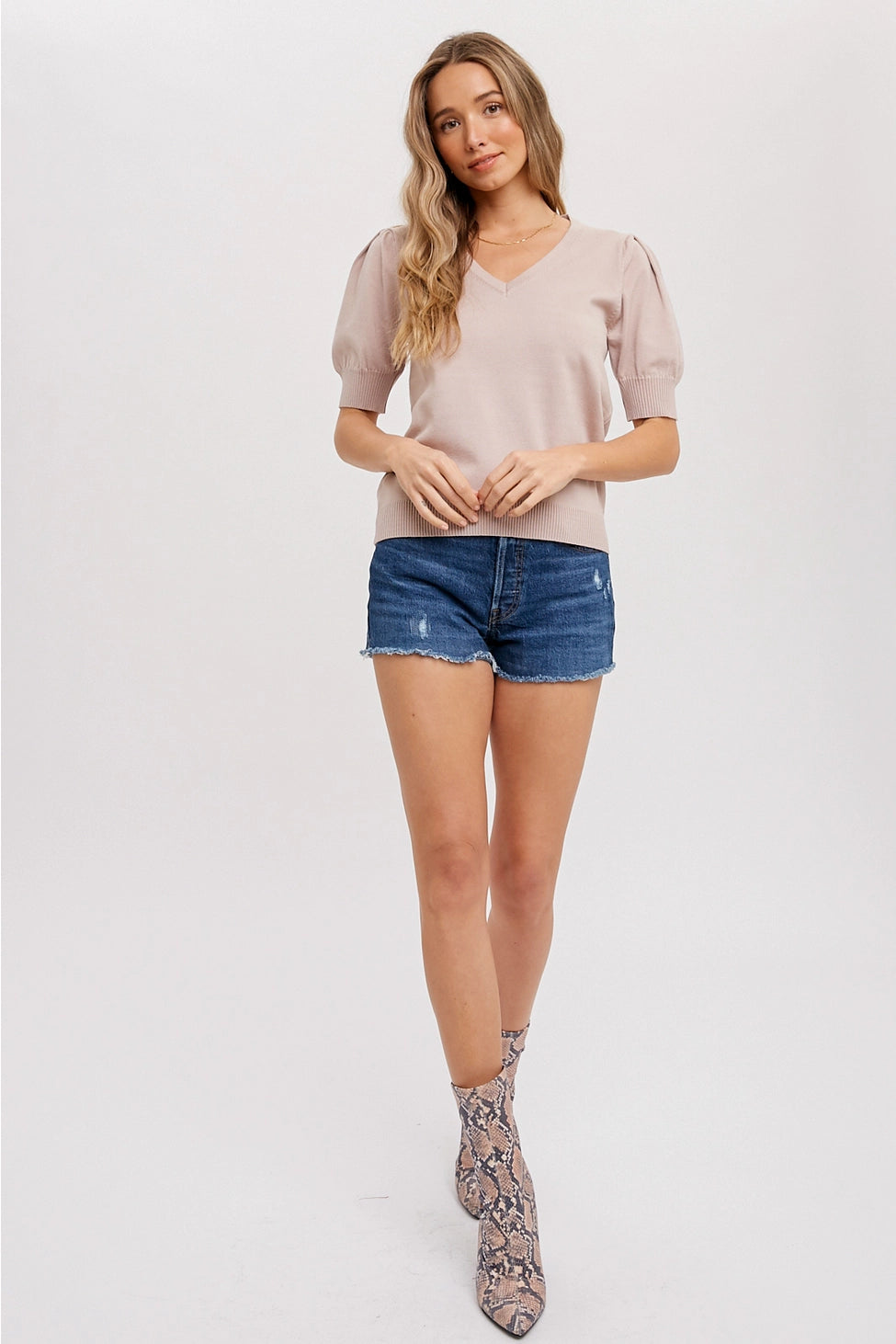 V-Neck Puff Sleeve Pullover