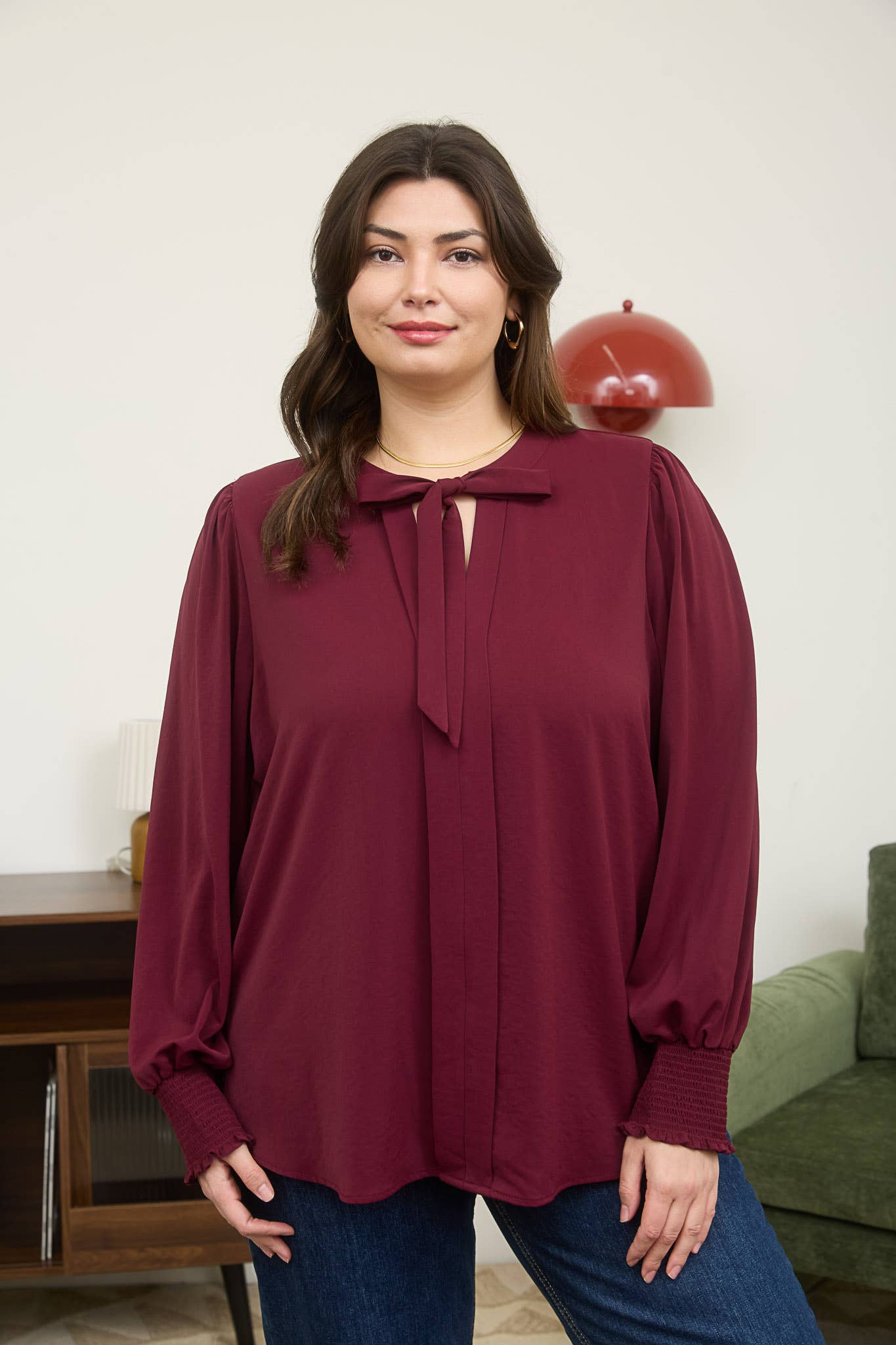 Plus Necktie Long Sleeve Top
