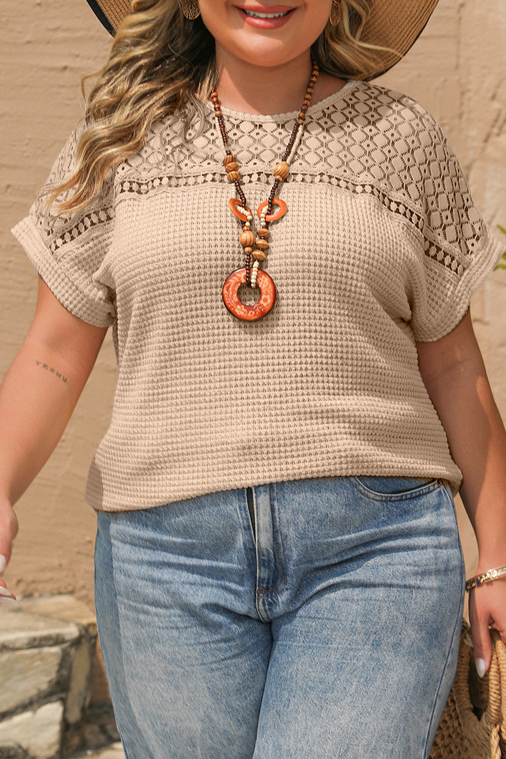Plus Size Lace Waffle Patchwork Top