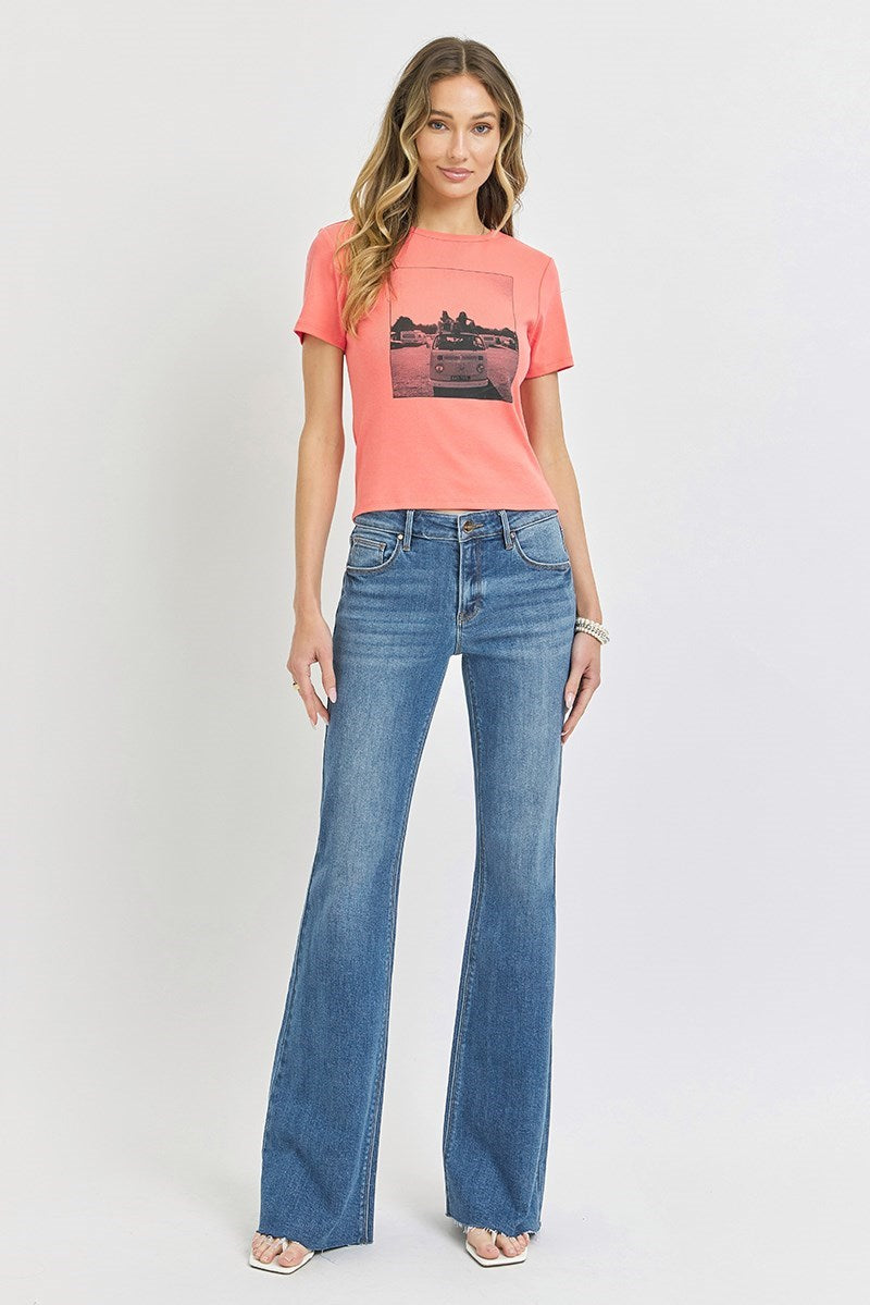 RISEN Mid Rise Raw Hem Flare Jeans