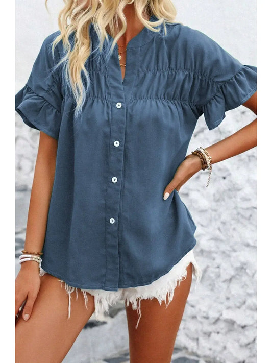 Solid Ruffle Sleeve Button Shirt