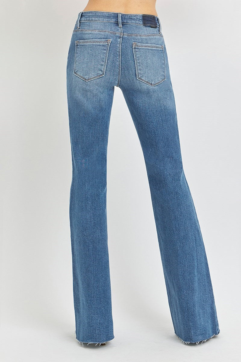 RISEN Mid Rise Raw Hem Flare Jeans