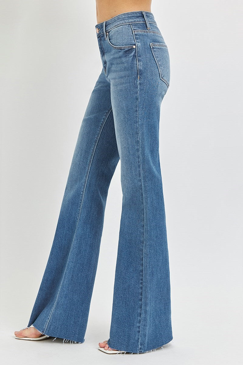 RISEN Mid Rise Raw Hem Flare Jeans