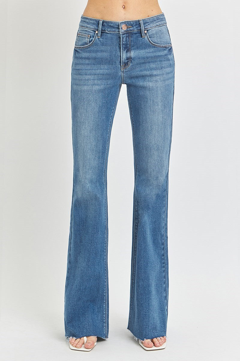 RISEN Mid Rise Raw Hem Flare Jeans