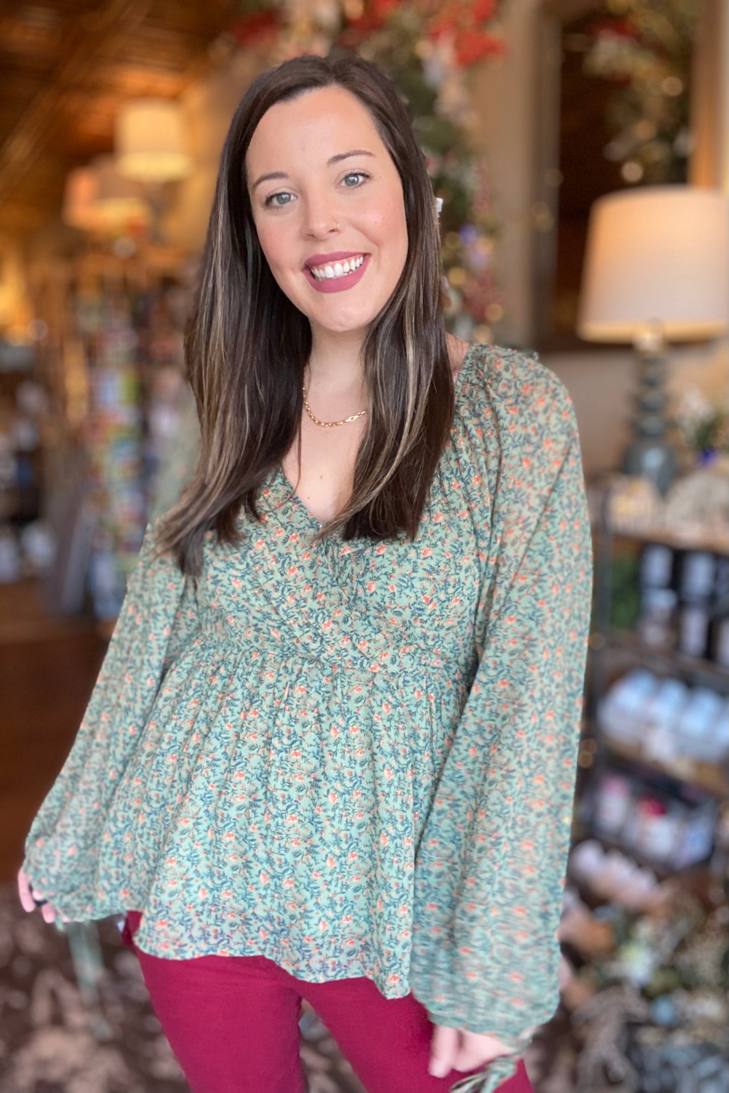 Ditsy Floral Balloon Sleeve Blouse