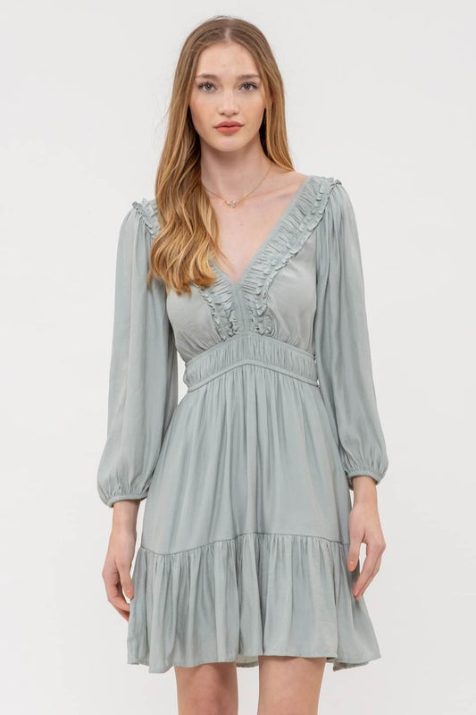 Ruffle V Neck Long Sleeve Mini Dress