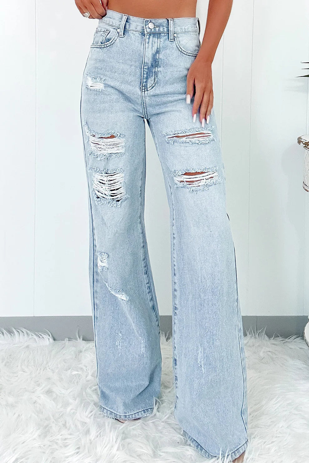 Distressed High Waist Wide Leg Jeans