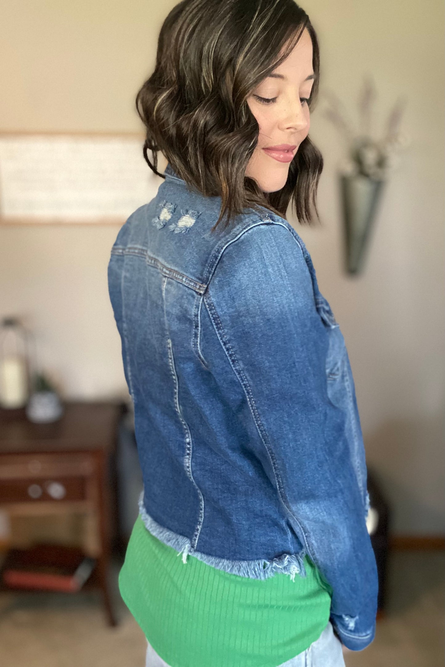 RISEN-Distressed Hem Denim Jacket