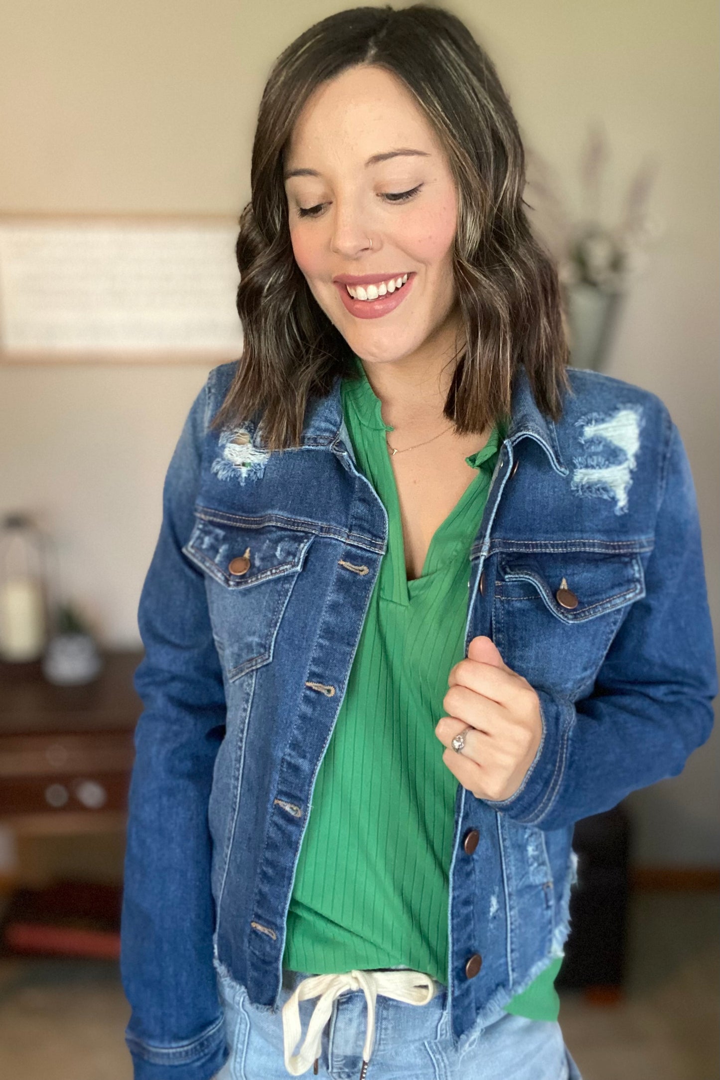 RISEN-Distressed Hem Denim Jacket