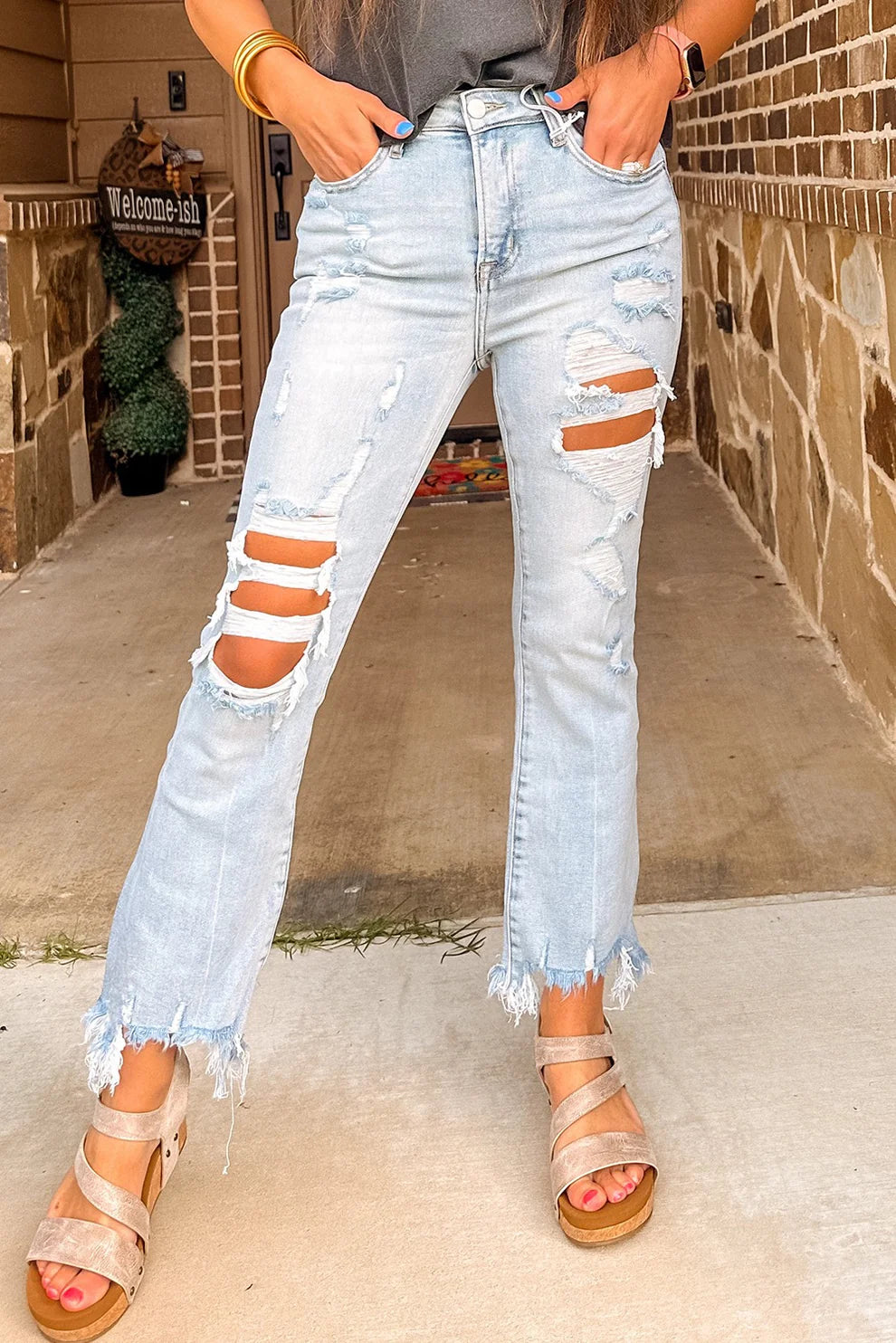 Distressed Raw Hem Ankle Jeans