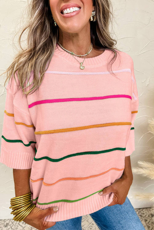 Colorblock Stripe Short Sleeve Sweater