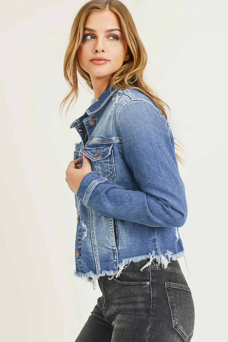 RISEN-Distressed Hem Denim Jacket
