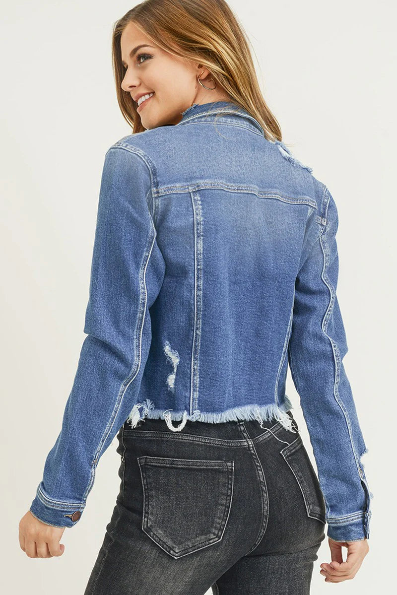 RISEN-Distressed Hem Denim Jacket