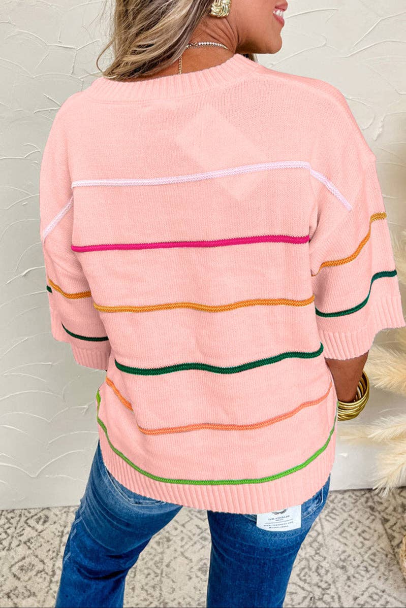 Colorblock Stripe Short Sleeve Sweater