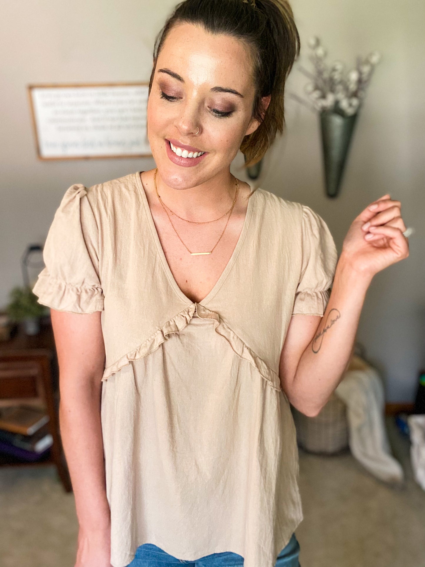 Always Real V-Neck Short Sleeve Ruffled Top