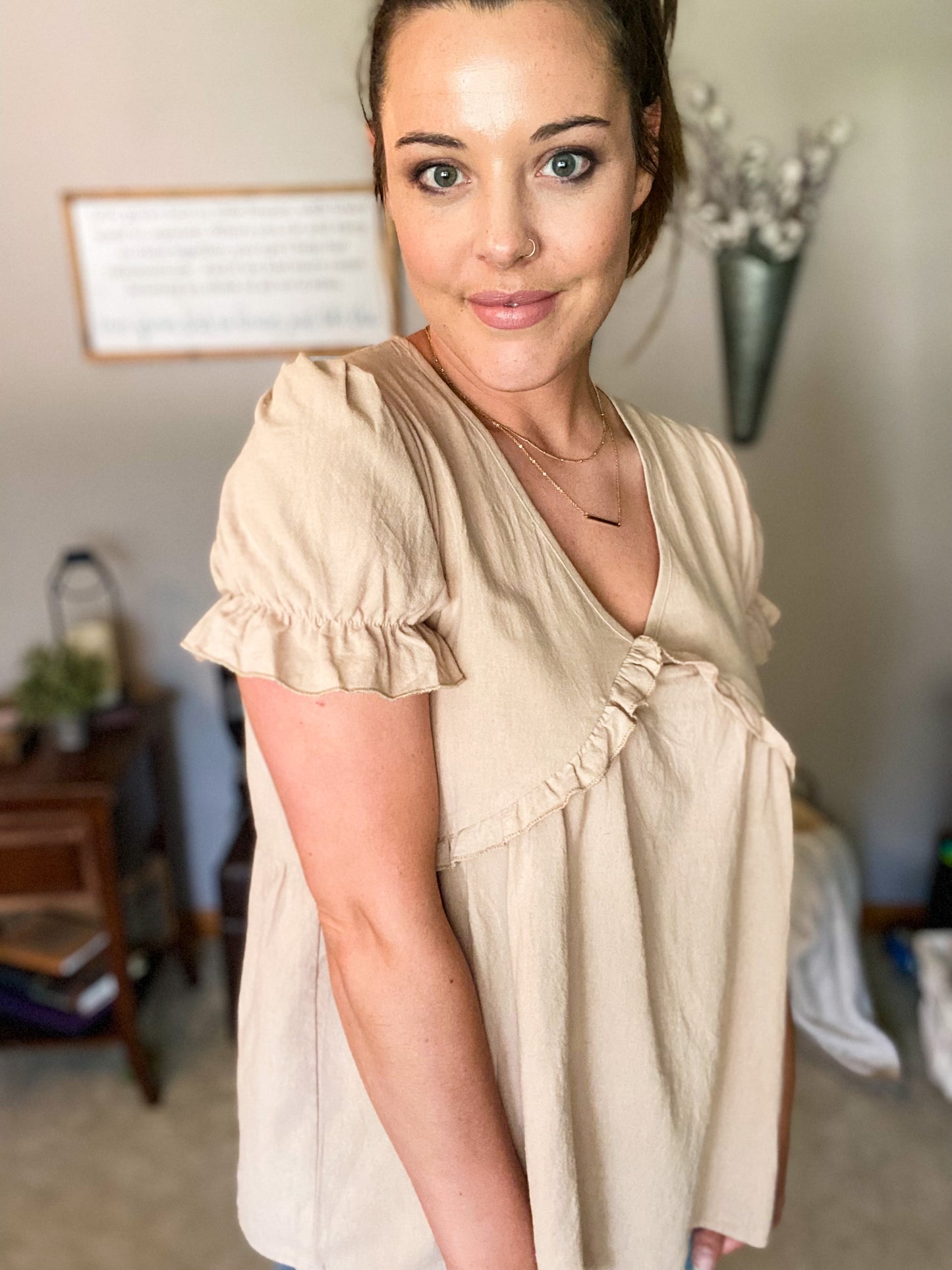 Always Real V-Neck Short Sleeve Ruffled Top
