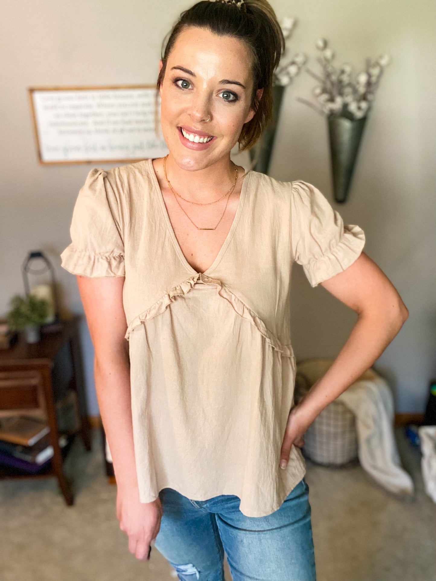 Always Real V-Neck Short Sleeve Ruffled Top