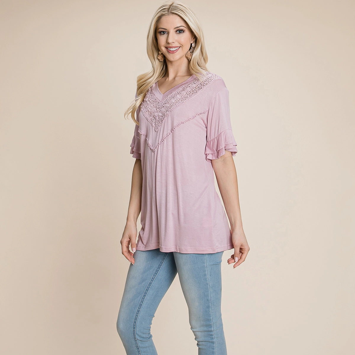 V Neck Lace Trim Front Top