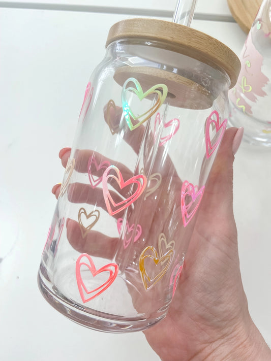 Pink Multi Hearts Iced Coffee Glass Cup