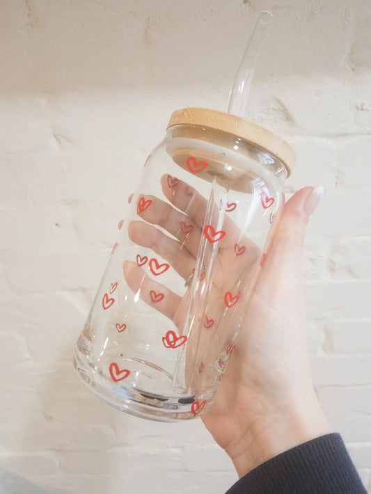 Red Hearts Iced Coffee Glass Cup