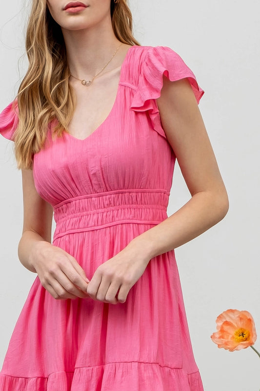 Solid Shirred Waist V Neck Mini Dress