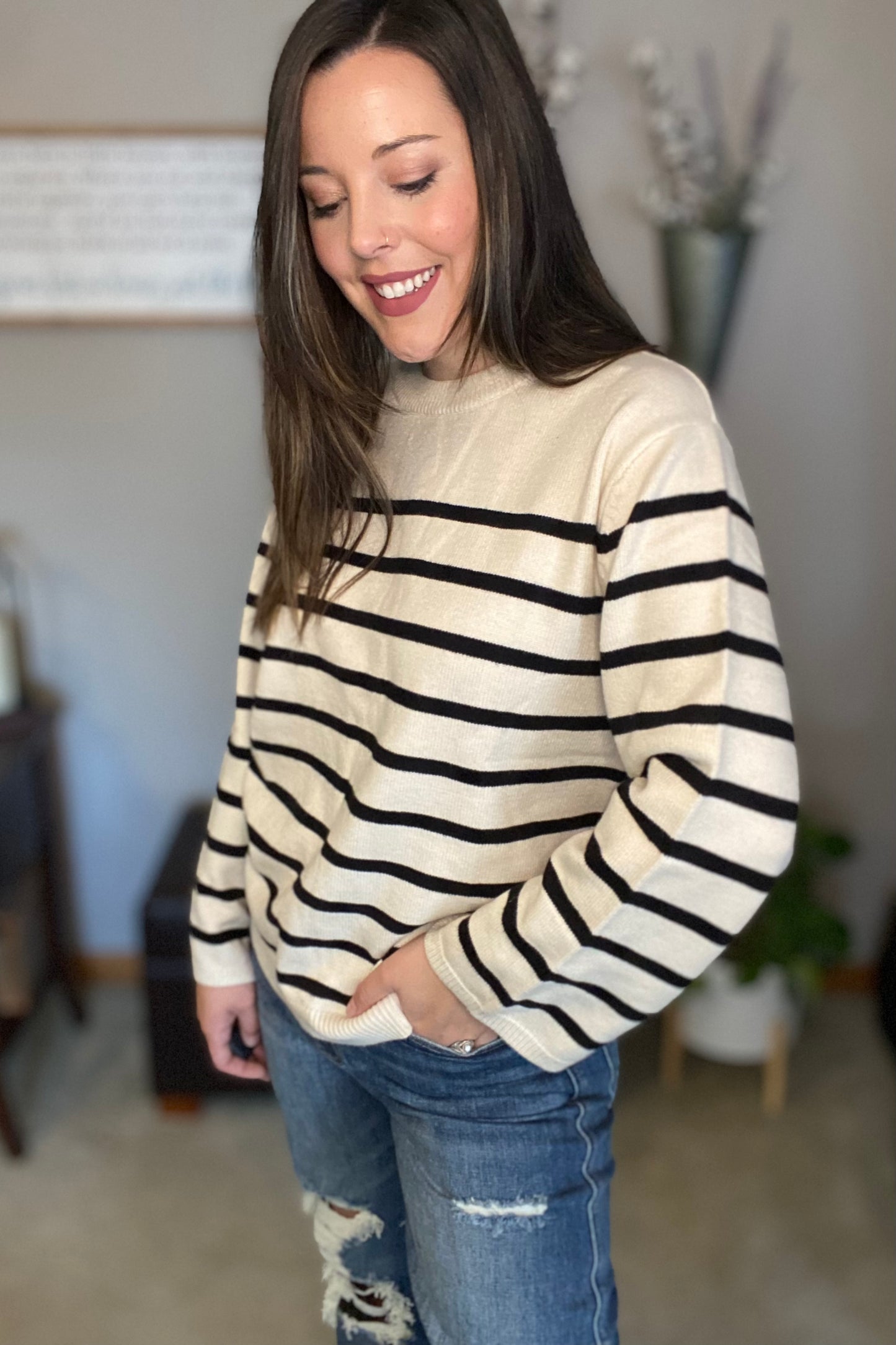 Drop Shoulder Striped Sweater