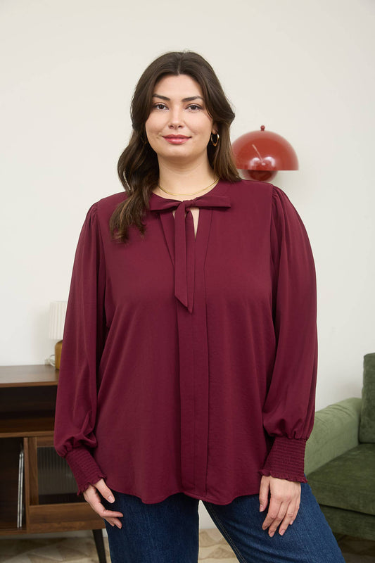 Plus Necktie Long Sleeve Top