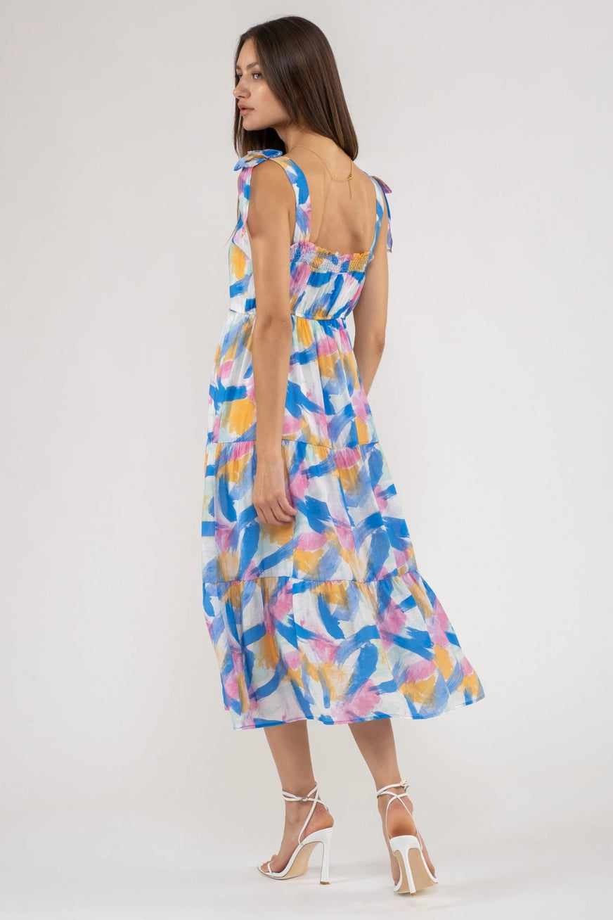 Brush Stroke Printed Tiered Dress