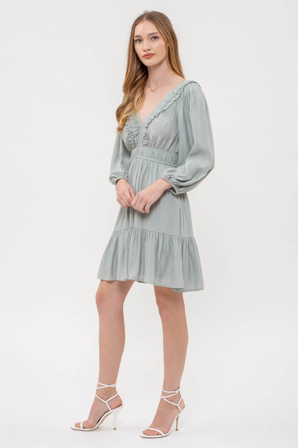 Ruffle V Neck Long Sleeve Mini Dress