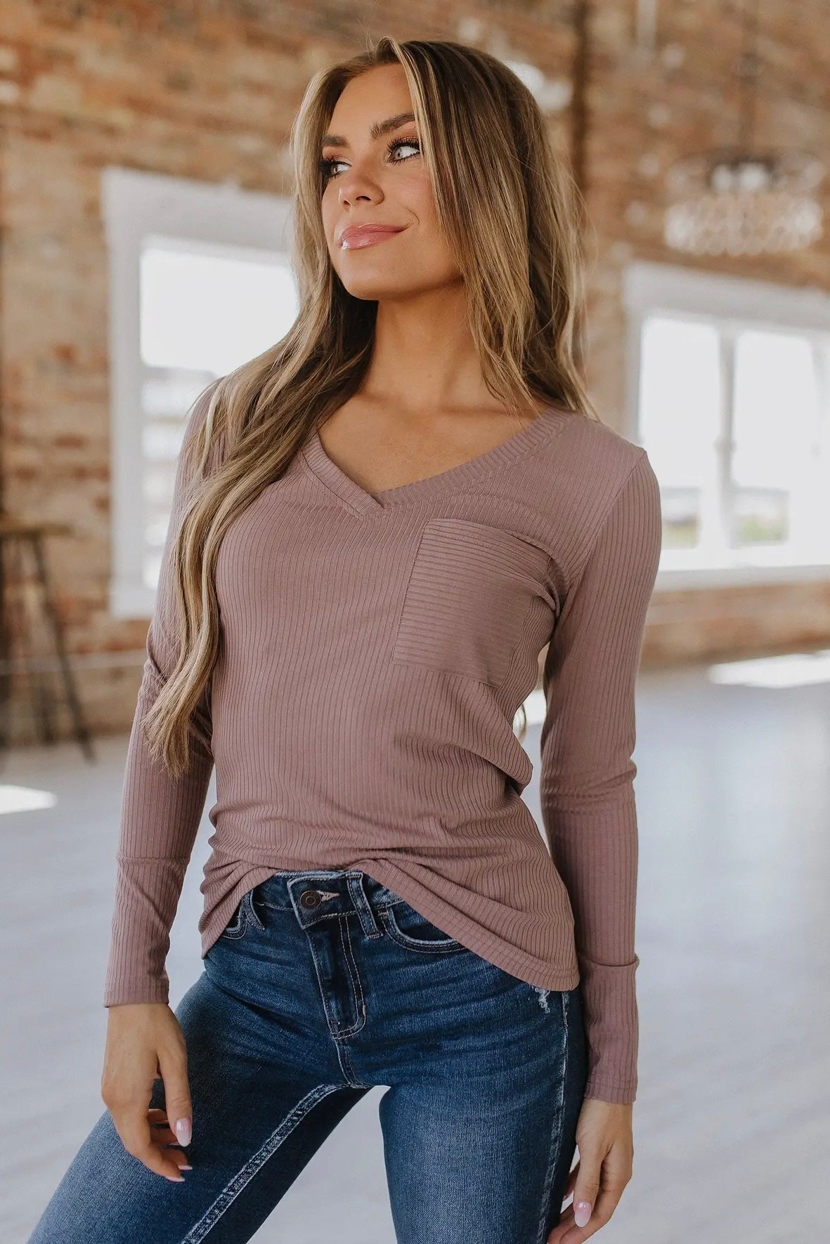 Ribbed Pocket V-Neck Top