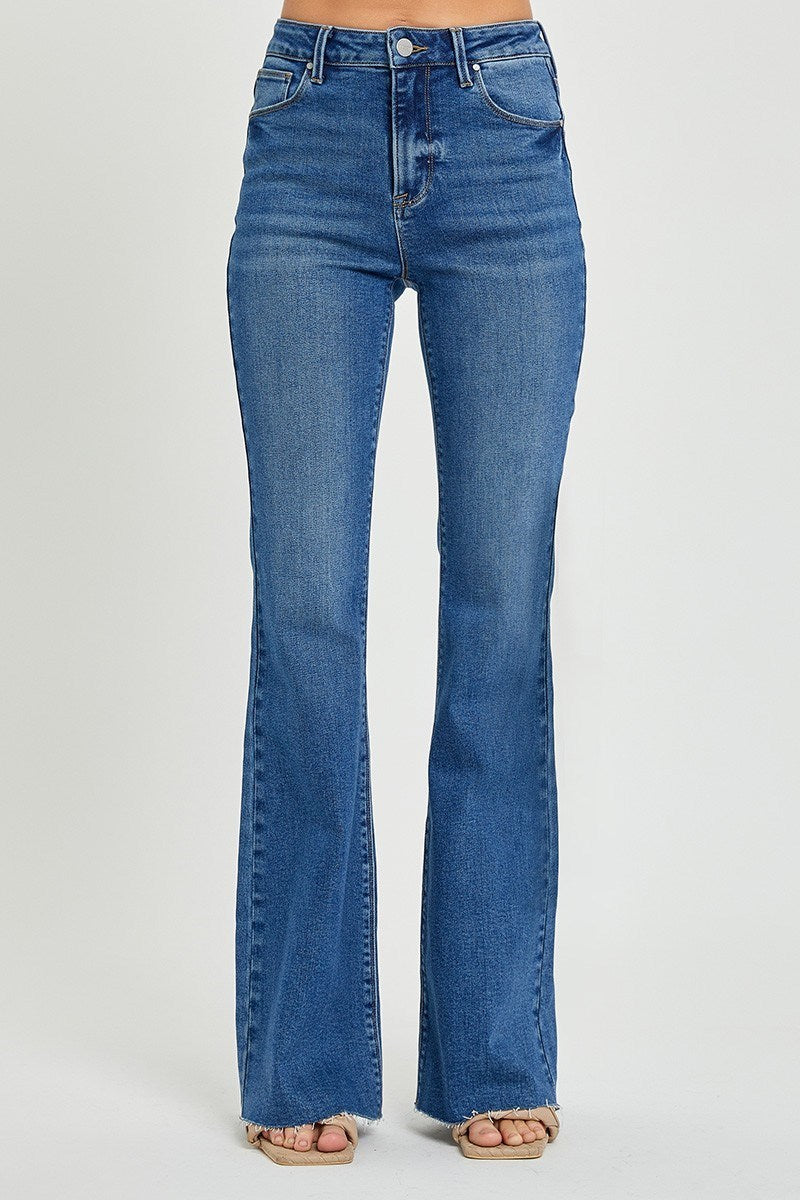 Risen-High Rise Bootcut Raw Hem Jeans