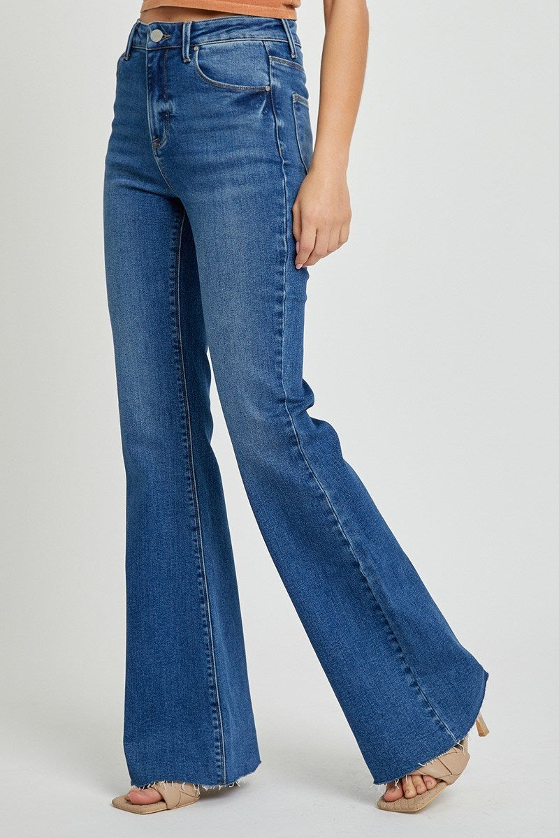 Risen-High Rise Bootcut Raw Hem Jeans