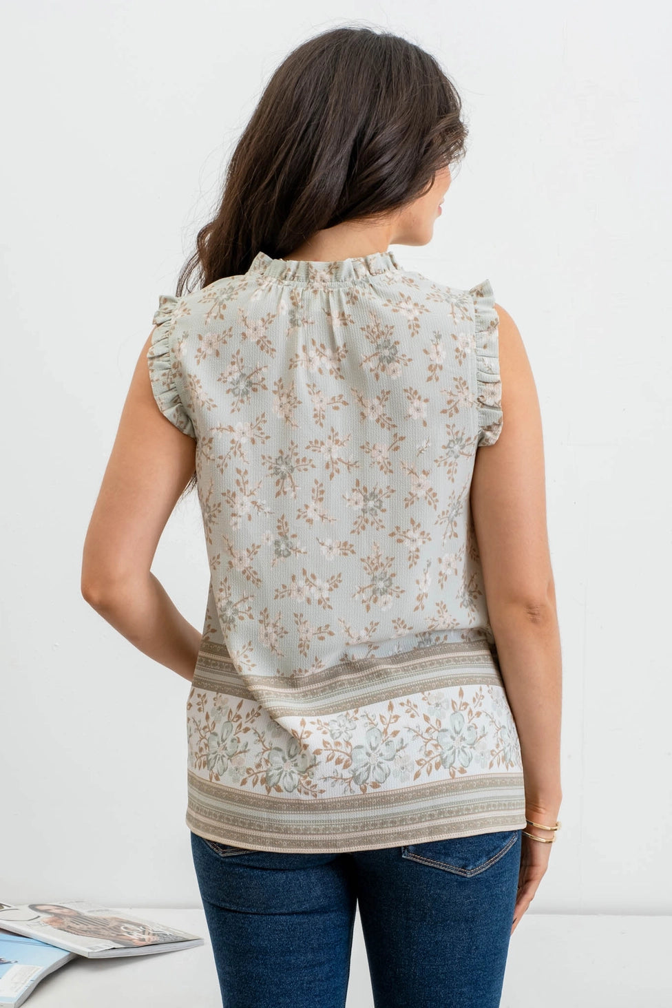 Split Neck Floral Border Print Top