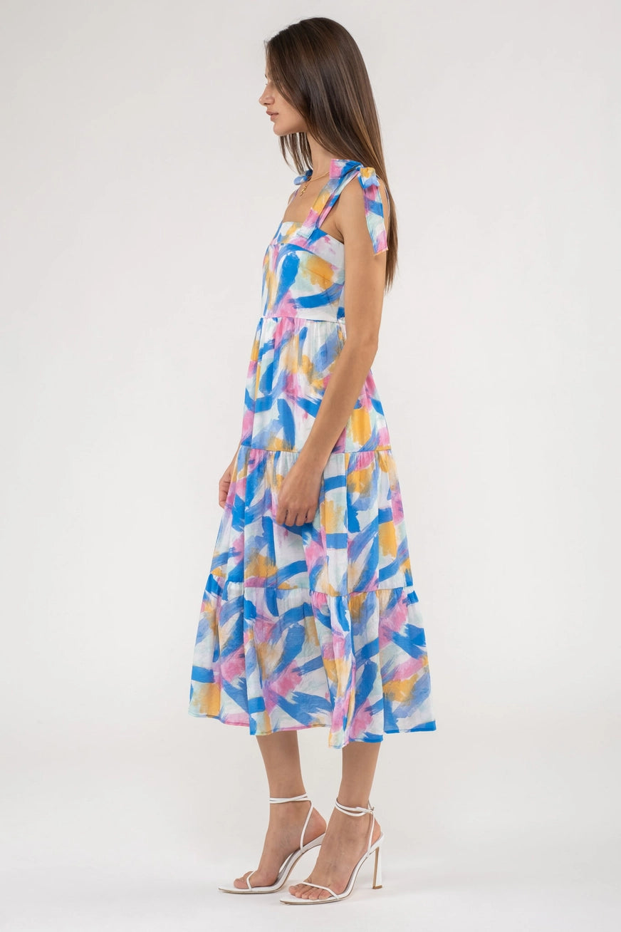 Brush Stroke Printed Tiered Dress