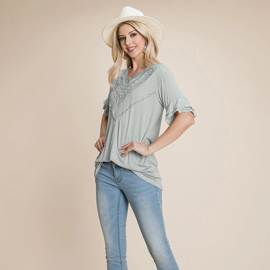 V Neck Lace Trim Front Top