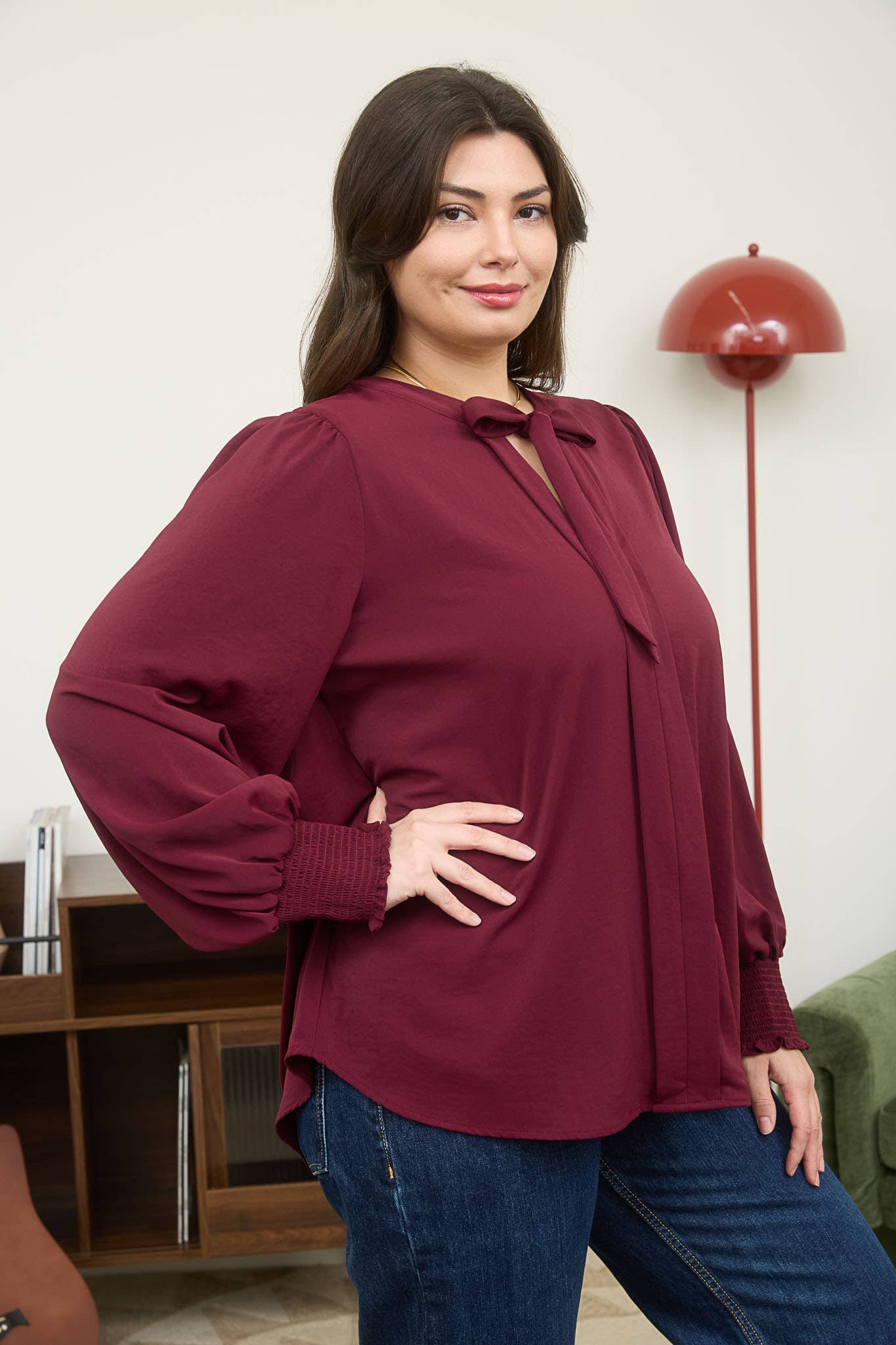 Plus Necktie Long Sleeve Top