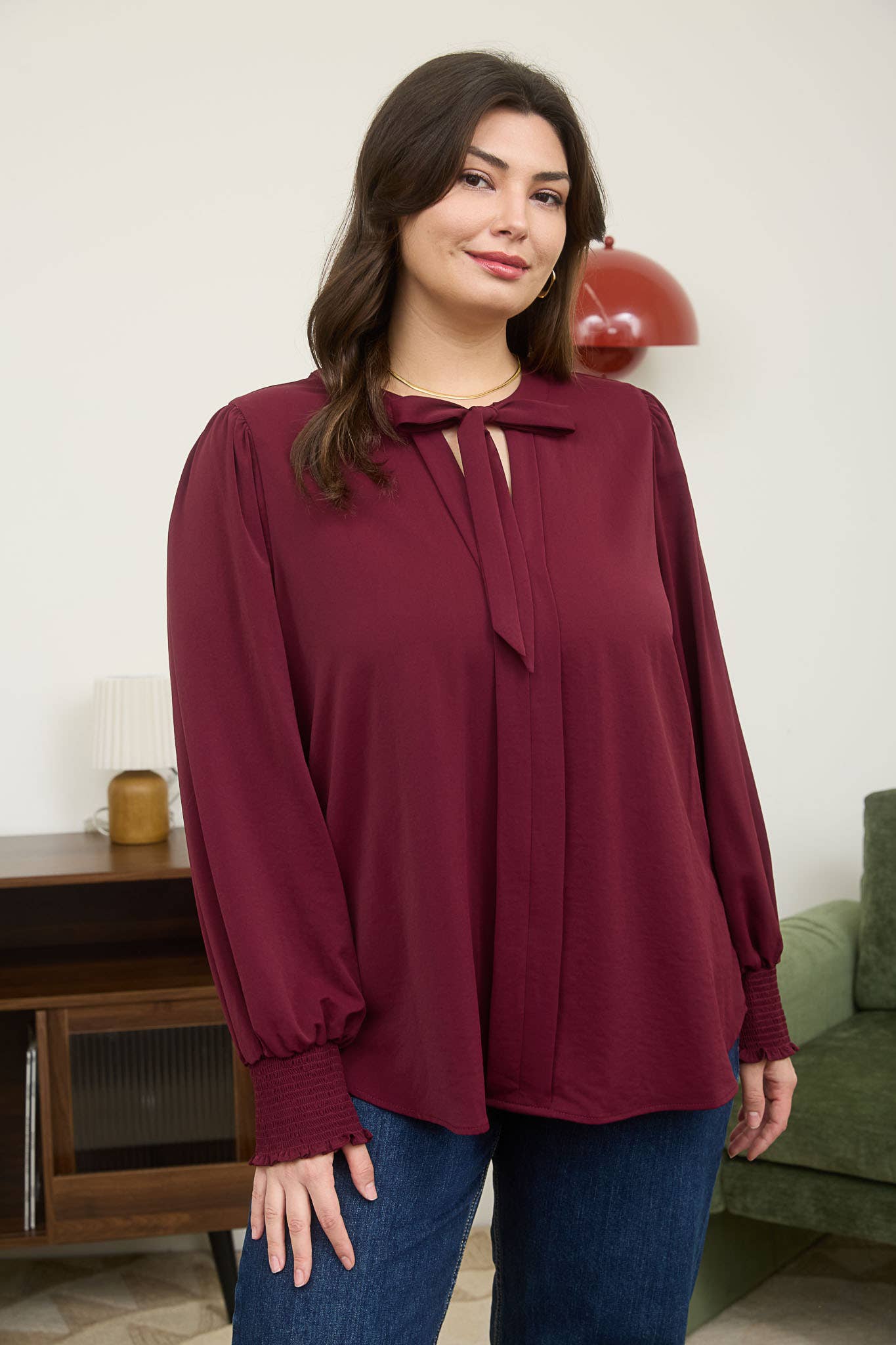 Plus Necktie Long Sleeve Top