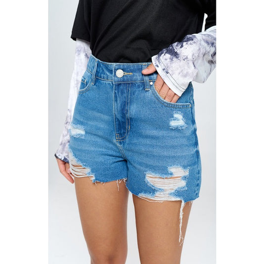 High Rise Ripped Denim Shorts